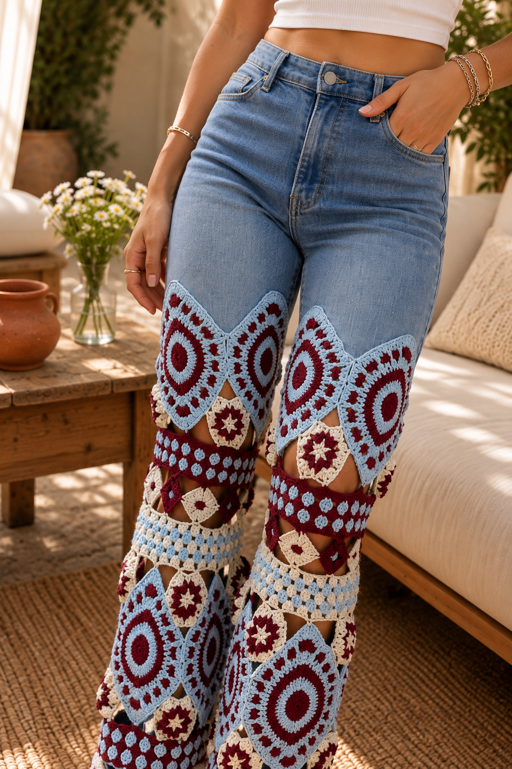 Midnight Mosaic Crochet Jeans