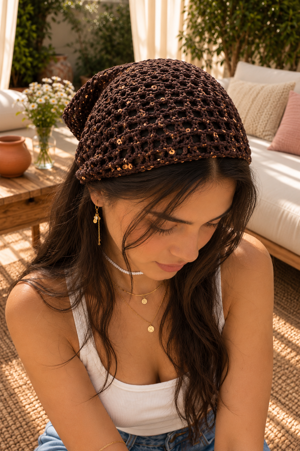 Midnight Mocha Sequin Crochet Bandana