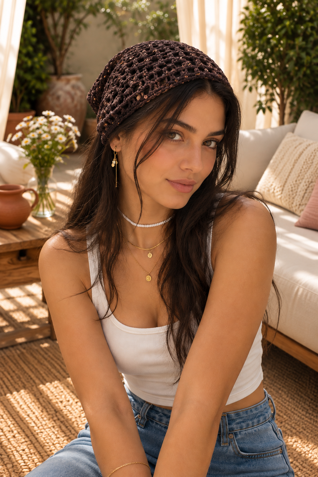 Midnight Mocha Sequin Crochet Bandana
