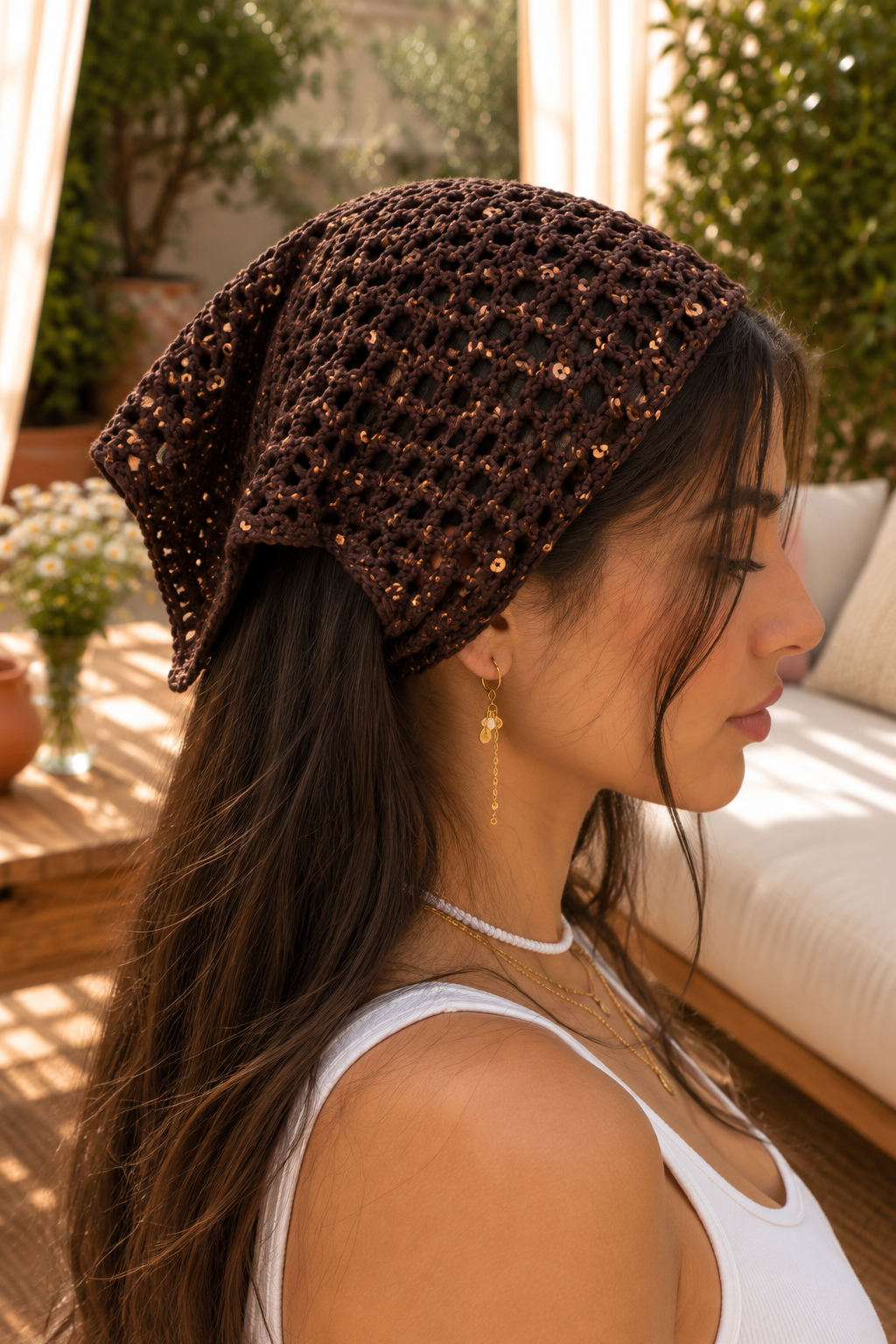 Midnight Mocha Sequin Crochet Bandana