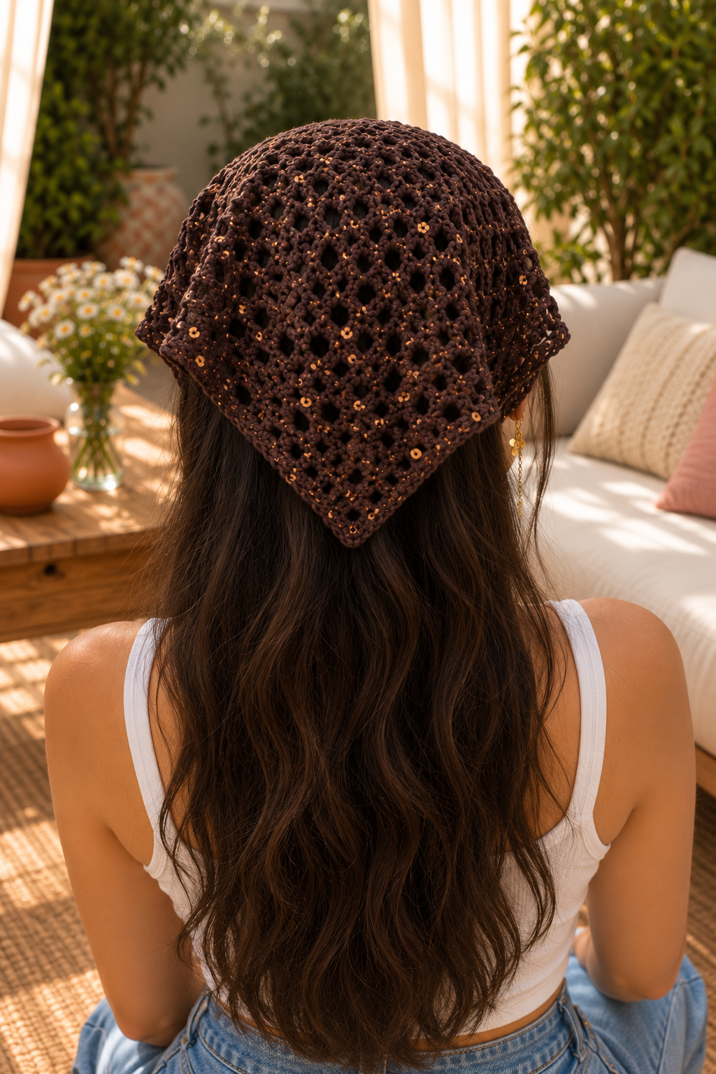 Midnight Mocha Sequin Crochet Bandana